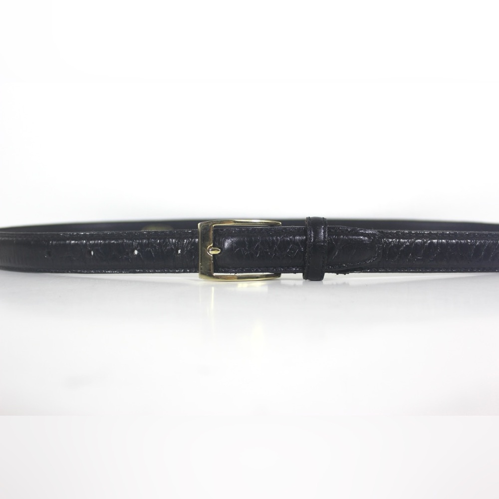 Narrow Black Croc Embossed Leather Belt with Gold Brass Buckle